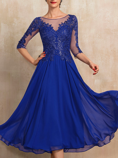 

Crew Neck Lace Loose A-line Scoop Illusion Tea-Length Chiffon Lace Mother of the Bride Dress With Sequins Dress With No, Blue, Dresses