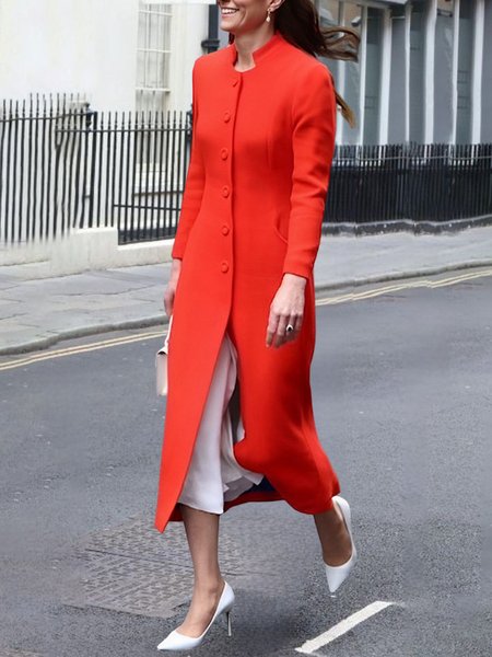 

Stand Collar Long Sleeve Plain Urban Trench Coat, Orange red, Coats