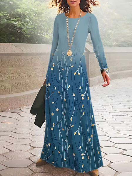 

Floral Crew Neck Loose Elegant Dress With No, Blue, Dresses