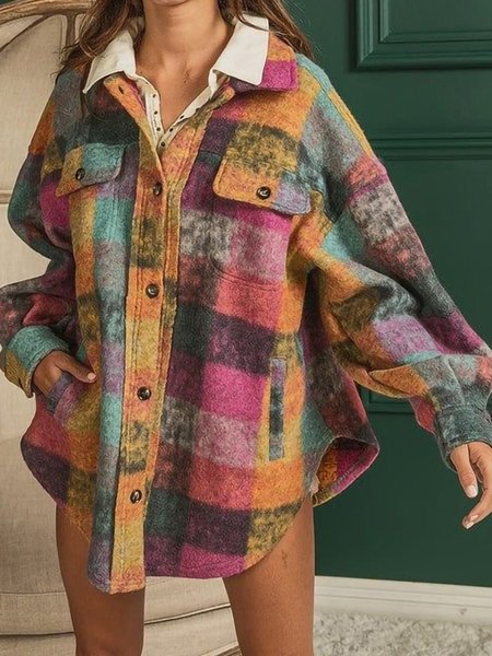 

Loose Casual Shawl Collar Plaid Jacket, Rose red, Jackets
