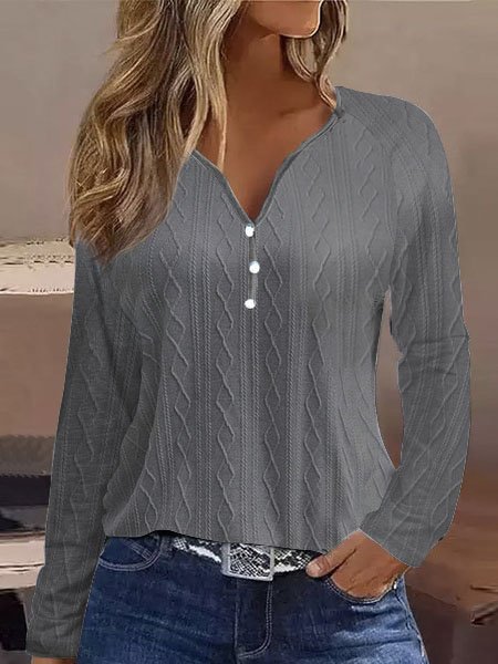 

Casual Knitted Textured V-Neck Loose T-Shirt, Gray, T-Shirts