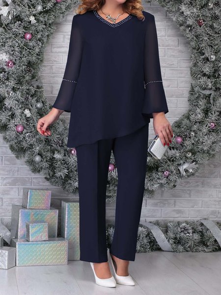 

Loose Crew Neck Plain Casual Two-Piece Set, Navy blue, Suit Set