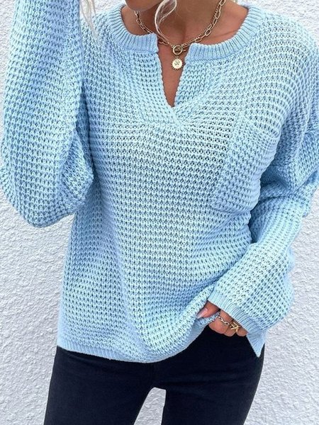 

Casual Notched Sweater, Blue, Sweaters