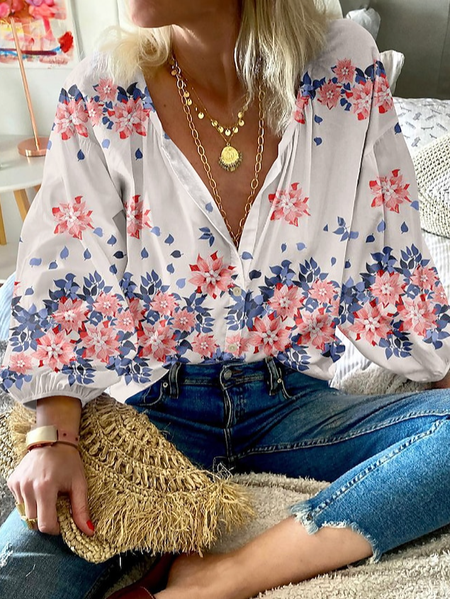 

Casual Loose Crew Neck Floral Blouse, White, Shirts & Blouses
