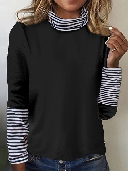 

Women Plaid Half Turtleneck Casual Long Sleeve T-shirt, Black, Long Sleeves
