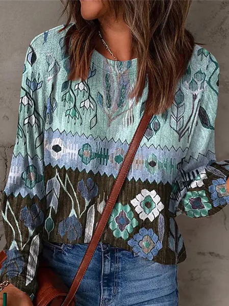 

Casual Loose Ethnic Crew Neck T-Shirt, Green, T-Shirts