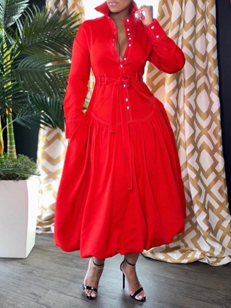 

Shirt Collar Elegant Plain Pocket Stitching Dress With Belt, Red, Midi Dresses