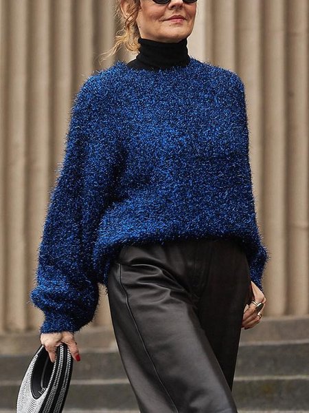 

Loose Urban Plain Long Sleeve Sweater, Blue, Pullovers