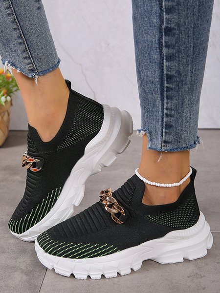 

Chain Decor Wearable Platform Slip On Flyknit Sneakers, Black, Sneakers