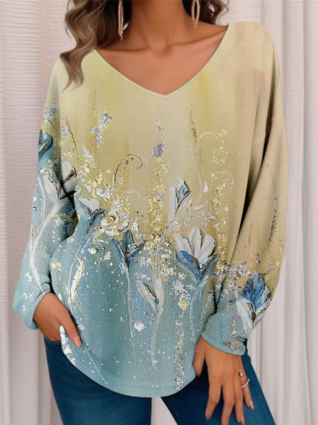 

Floral Casual V Neck Loose T-Shirt, Yellow, T-Shirts