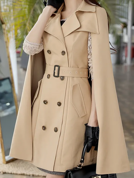 

Lapel Collar Long Sleeve Elegant Plain Loose Trench Coat, Khaki, Coats