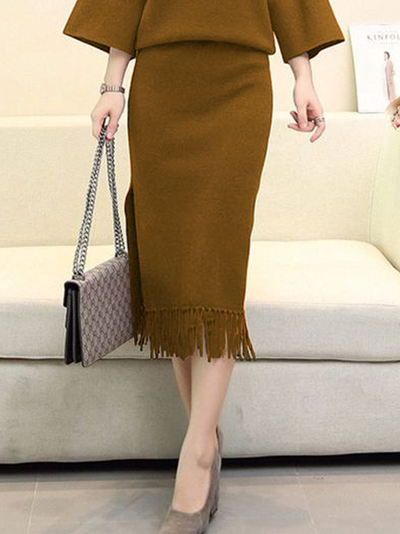 

High Elasticity Regular Fit Plain Urban Midi Skirt, Brown, Skirts