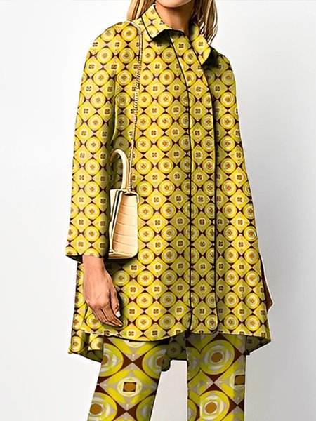 

Plus Size Geometric Regular Fit Shirt Collar Urban Blouse, Yellow, Plus Tops
