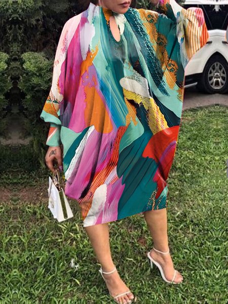 

Stand Collar Loose Abstract Long Sleeve Dress, As picture, Midi Dresses