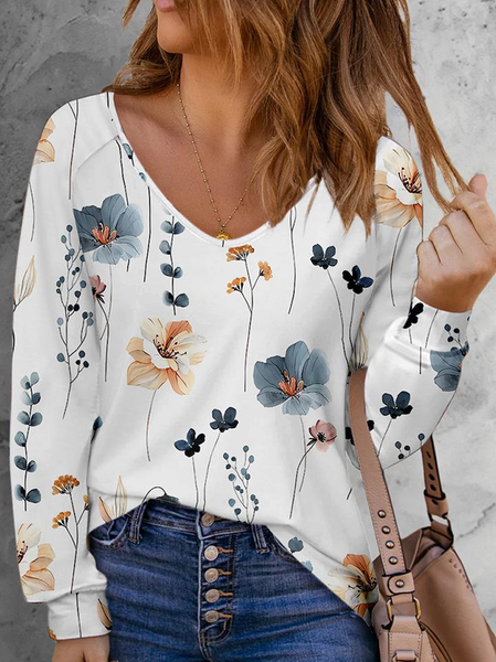 

V Neck Floral Casual Loose T-Shirt, White, T-Shirts