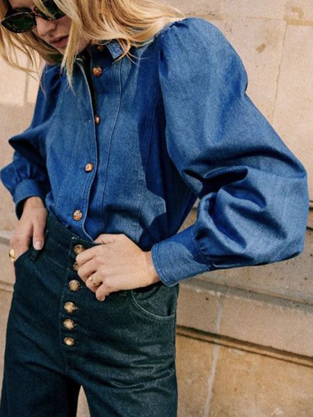 

Long Sleeve Regular Fit Casual Shirt Collar Blouse, Blue, Blouses and Shirts