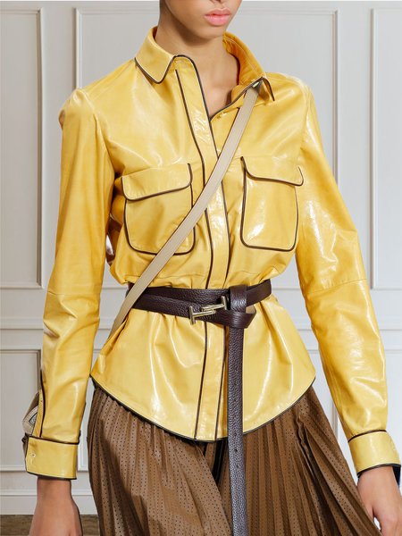 

Regular Fit Urban Color Block Shirt Collar Leather Top, Yellow, Tops