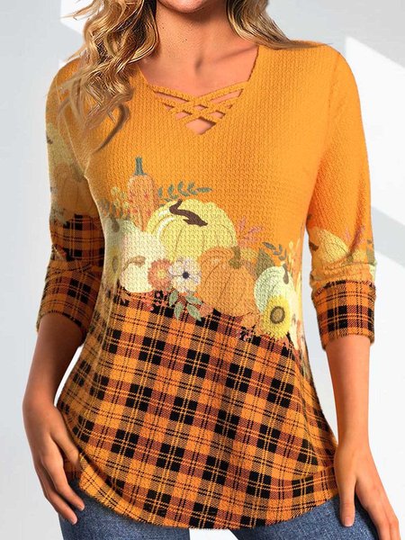 

Casual V Neck Knitted T-Shirt, Orange, T-Shirts