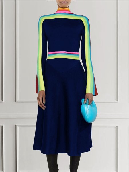 

Urban Half Turtleneck Regular Fit Striped Dress, Blue, Midi Dresses
