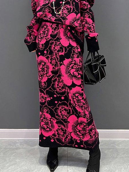 

Regular Size Elegant Loose Floral Long Skirt, Black-pink, Skirts