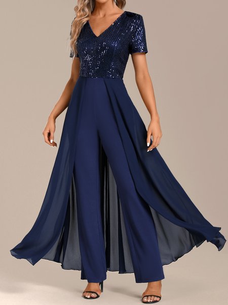 

Elegant V Neck Glitter Jumpsuit, Navy blue, Jumpsuits＆Rompers