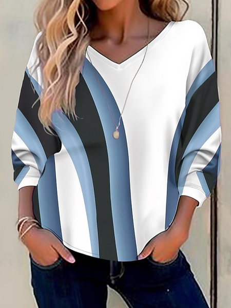 

Loose Casual V Neck Geometric T-Shirt, Blue, T-Shirts