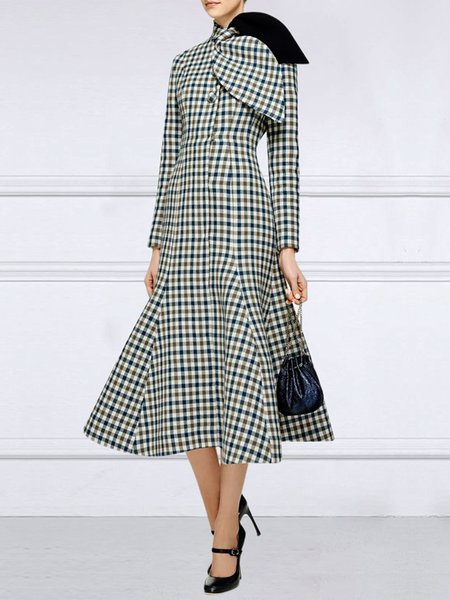 

Elegant Bow Plaid Regular Fit Long Sleeve Dress, As picture, Midi Dresses
