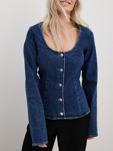 

Casual Regular Fit Denim Plain Denim Top, Blue, Tops