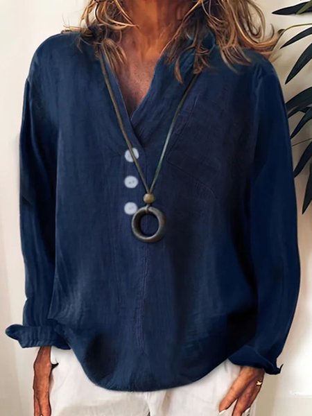 

Plus Size Plain Casual Buckle Loose Shirt, Dark blue, Long Sleeves
