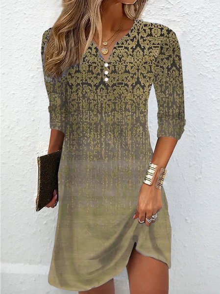 

Loose Ethnic Casual V Neck Dress, Yellow, Dresses