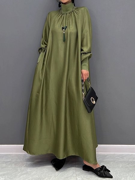

Pocket Stitching Plain Elegant Loose Dress, Green, Maxi Dresses
