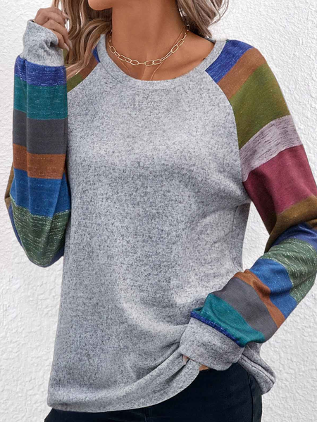 

Casual Striped Crew Neck Loose T-Shirt, Gray, T-Shirts