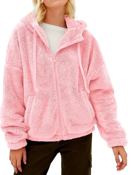 

Casual Hoodie Plain Fluff/Granular Fleece Fabric Teddy Jacket, Pink, Coats