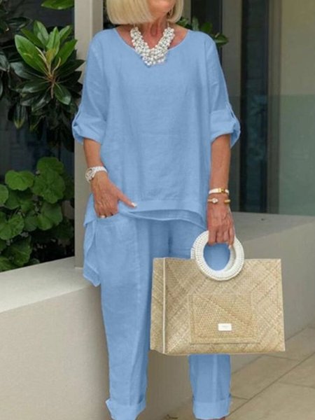

Regular Sleeve Crew Neck Casual Loose Buckle Two-Piece Set, Light blue, Suit Set
