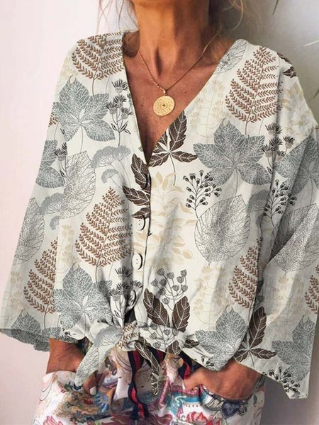 

Casual V Neck Bow Floral Blouse, Off white, Shirts & Blouses