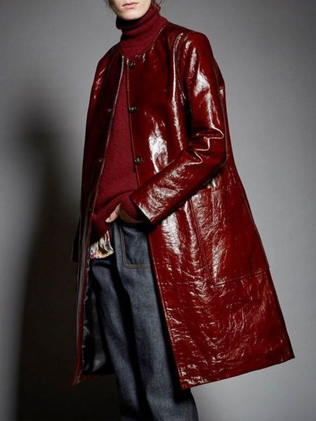 

Pu Urban Crew Neck Plain Leather Coat, Crimson, Jackets
