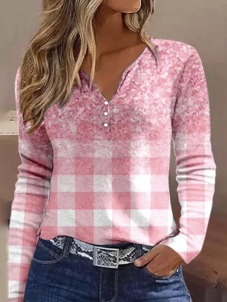

Plus size Casual Buttoned Plaid T-Shirt, Pink, Long sleeves