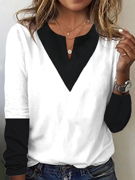 

Casual Color Block Notched Loose T-Shirt, White, T-Shirts