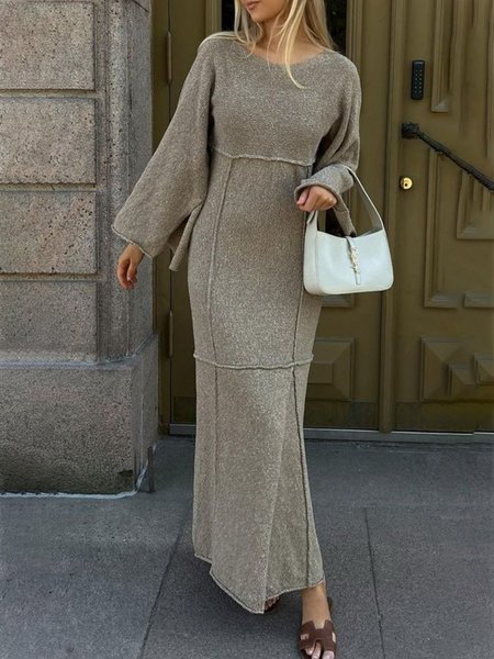 Loose Casual Crew Neck Sweater Dress, Gray, Maxi Dresses
