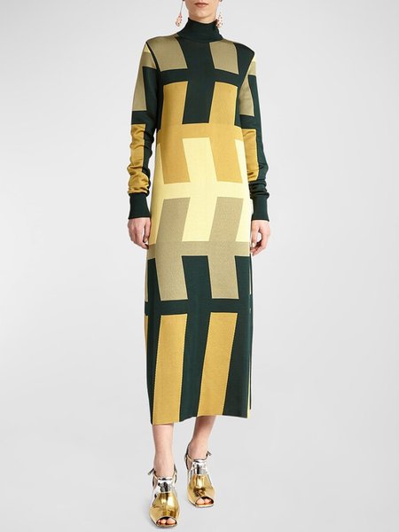 

Long Sleeve Geometric Turtleneck Loose Urban Dress, As picture, Maxi Dresses