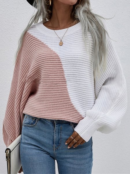 

Cotton-Blend Color Block Casual Loose Sweater, Pink, Sweaters