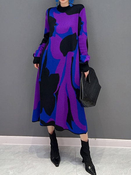 

Long Sleeve Crew Neck Urban Loose Dress, Purple, Maxi Dresses
