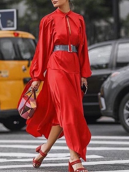 

Elegant Regular Fit Crew Neck Dress With No Belt, Red, Maxi Dresses