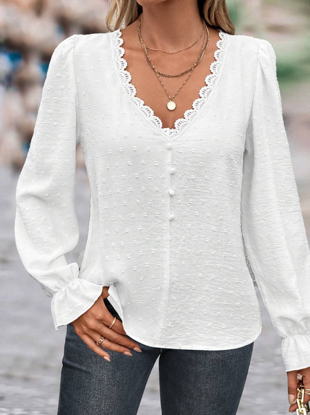 

V Neck Casual Lace Loose Shirt, White, Shirts & Blouses