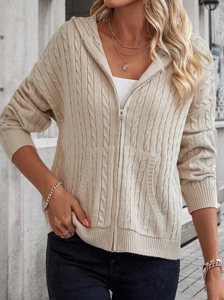 

Plain Yarn/Wool Yarn Casual Hoodie Cardigan, Light khaki, Coats