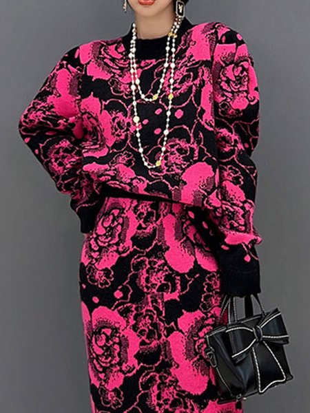 

Floral Crew Neck Elegant Long Sleeve Sweater, Black-pink, Pullovers