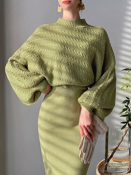 

Elegant Stand Collar Plain Lantern Sleeve Sweater, Green, Pullovers