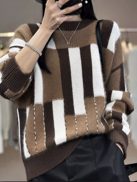 

Long Sleeve Urban Geometric Crew Neck Sweater, Coffee, Pullovers