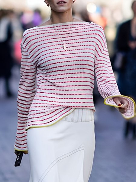 

Crew Neck Urban Long Sleeve Striped Sweater, Red, Pullovers