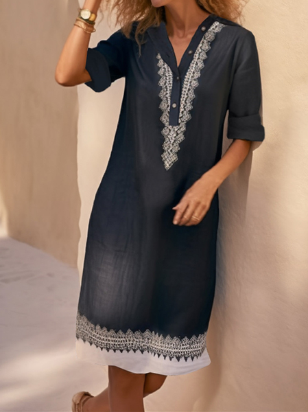 

Casual V Neck Loose Ethnic Dress, Black, Dresses